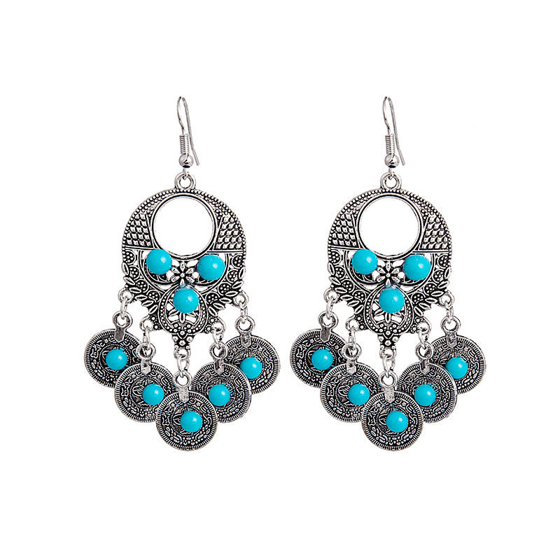 Wholesale Bohemian Owl Dream Catcher Feather Tassel Earrings Turquoise Geometric Carved Fashion Accessory Gift