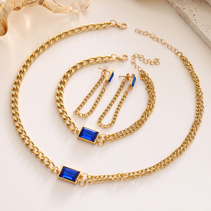 Wholesale Stylish Geometric Zircon Jewelry Set Blue Square Alloy Double Chain Layered Necklace Earrings Hand Accessory Everyday Boutique Resale