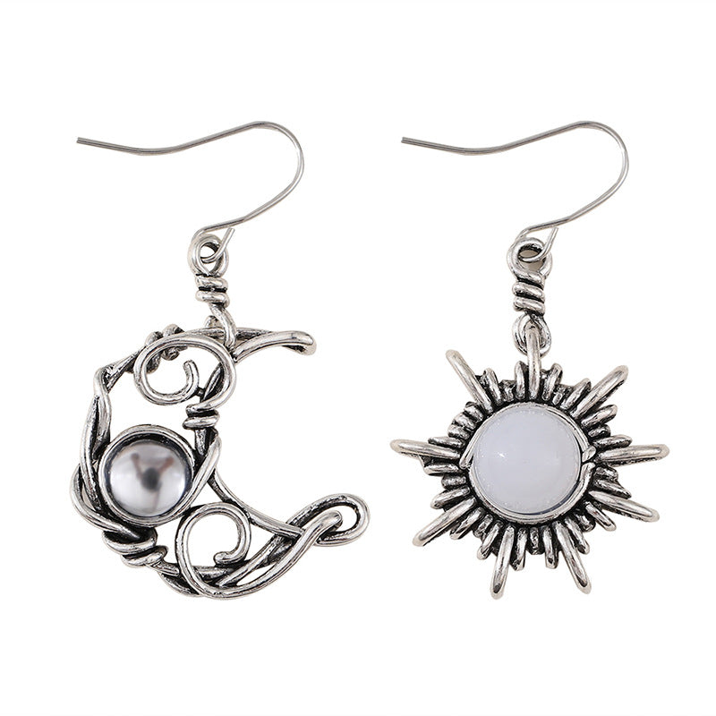 Wholesale retro Sun Moon Earrings Moonstone Geometric Hollow Asymmetric Earrings