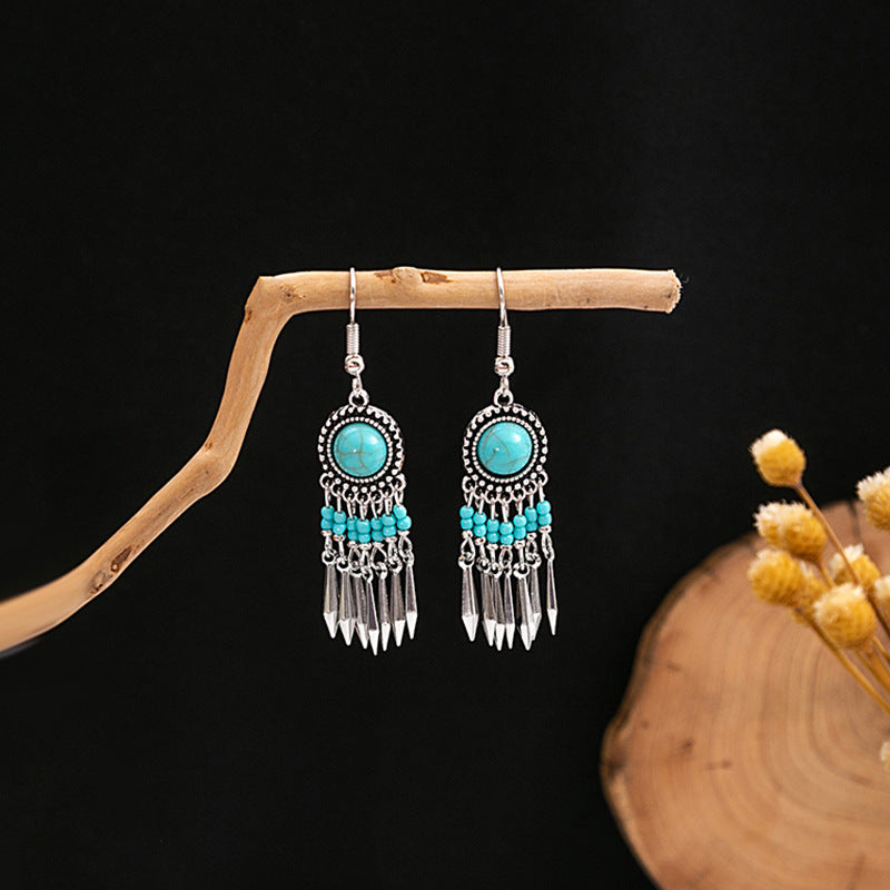 Wholesale Retro Ethnic Style Blue Turquoise Hollow Ring Flower Tassel Earrings Jewelry Accessory