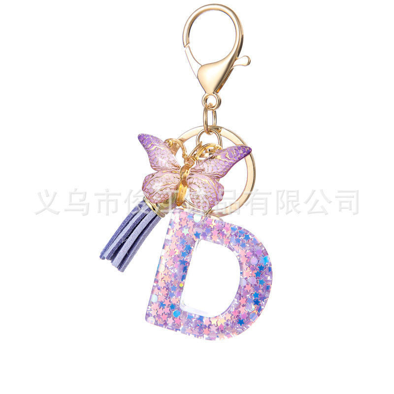 Wholesale Purple Star Tassel Resin Keychain 26 English Letters Bag Charm For Women Students Fashion Decorative Accessory
