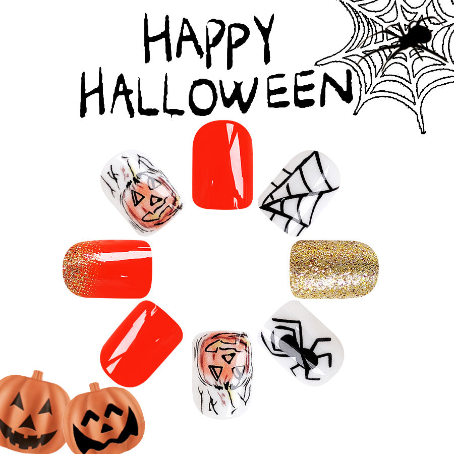 Wholesale 24 Pieces/box Halloween Pumpkin Orange Glitter Press-on Nails Kits Nail Stickers ACC-NS-GuaiXL072