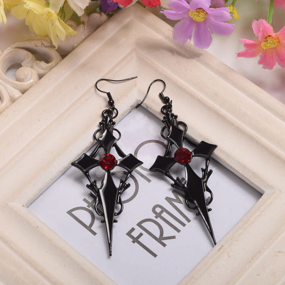 Wholesale Gothic  Punk Style Cross Pattern Metal Red Rhinestone Necklaces Earrings