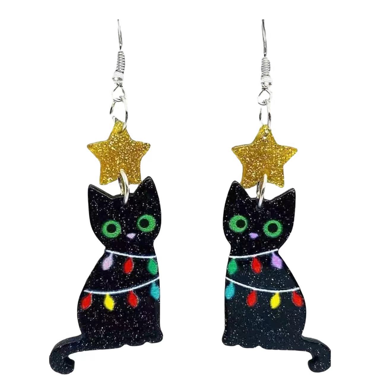 Wholesale Christmas Tree Lights Black Cat Acrylic Earrings ACC-ES-AnDao023