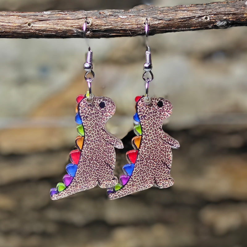 Wholesale Acrylic Cute cartoon colorful leopard print dinosaur earrings