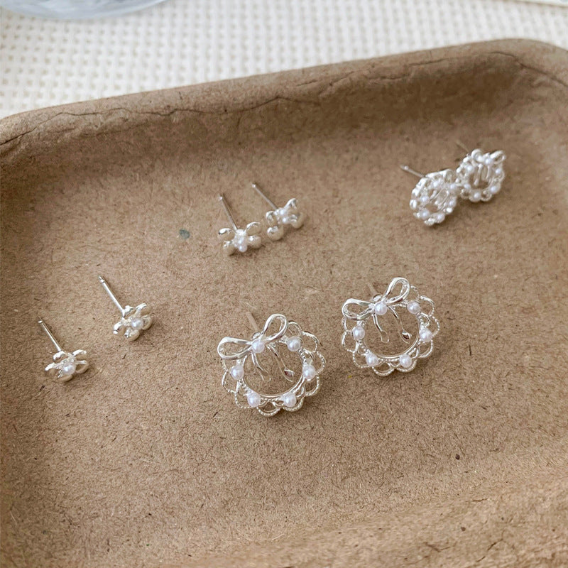 Wholesale Plain Silver Heart Lace Bow Earrings Three-Piece Set Silver Needle Earrings