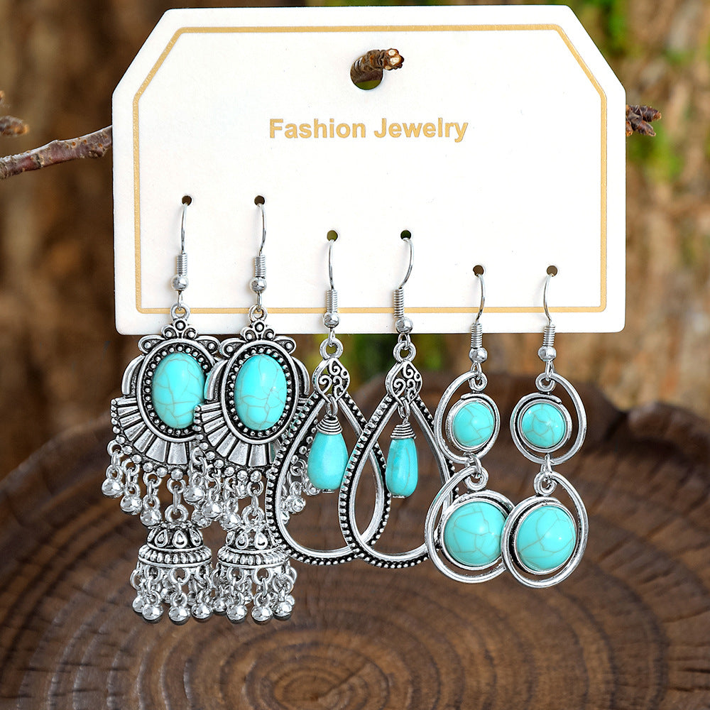 Wholesale European and American Cross-Border Hot Selling New Turquoise Earrings Set Fashion Ethnic Holiday Style Earrings Earrings Manufacturer