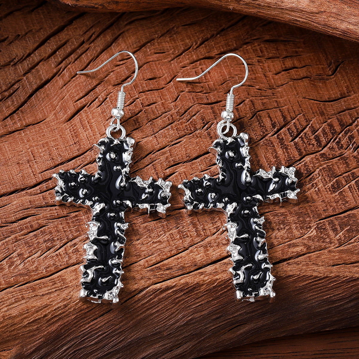 Wholesale Street-Style Cross Necklace and Earring Set,  Black Lava Finish,  Zinc Alloy,  for Women,  Trendy Fashion Accessory