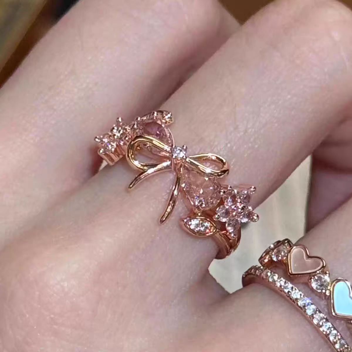 Wholesale Gold Heart Bow Ring For Women Alloy Plated Sweet Chic Casual Jewelry Gift