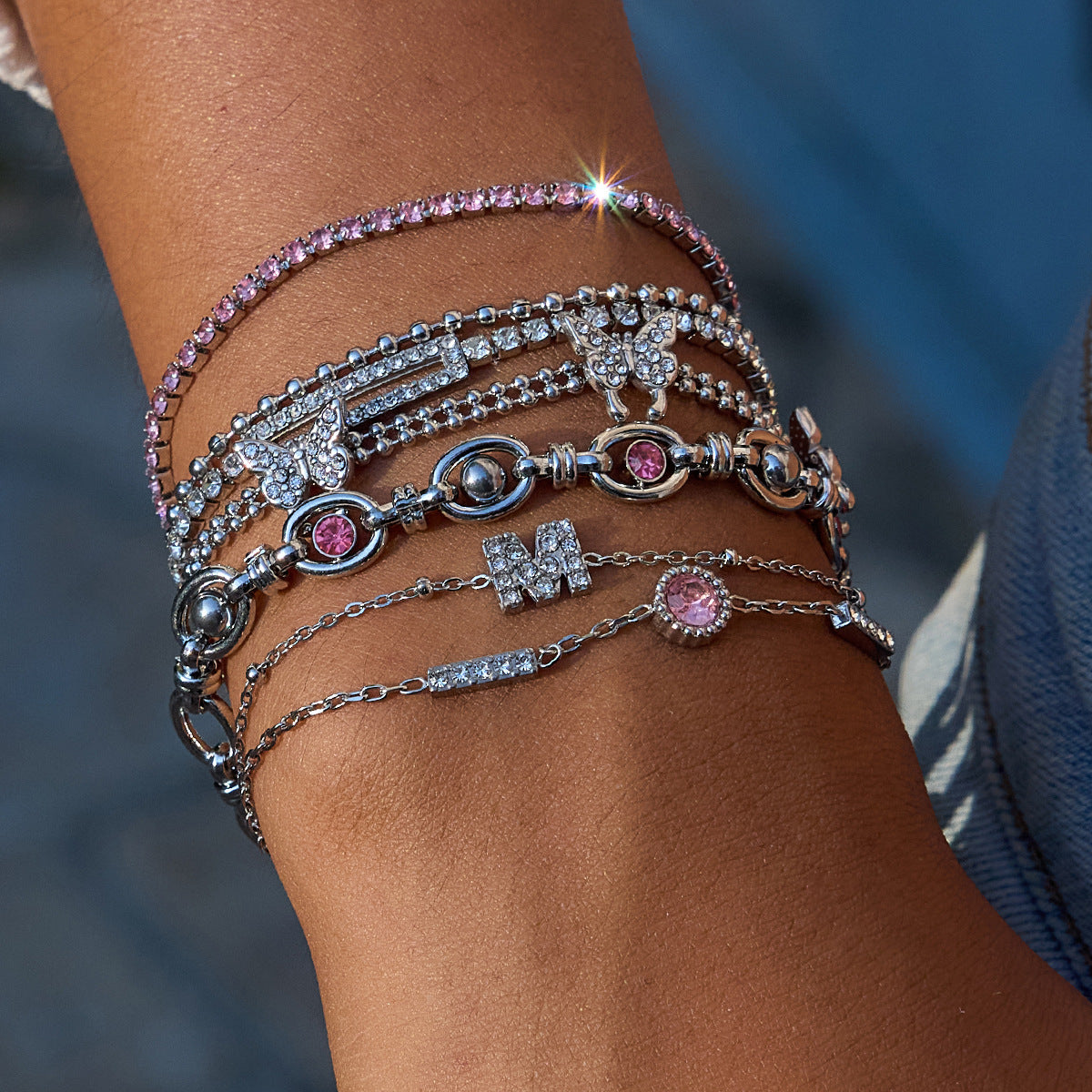 Wholesale  18K Gold Stainless Steel Bracelet Round Pink Zirconium Round Bracelet