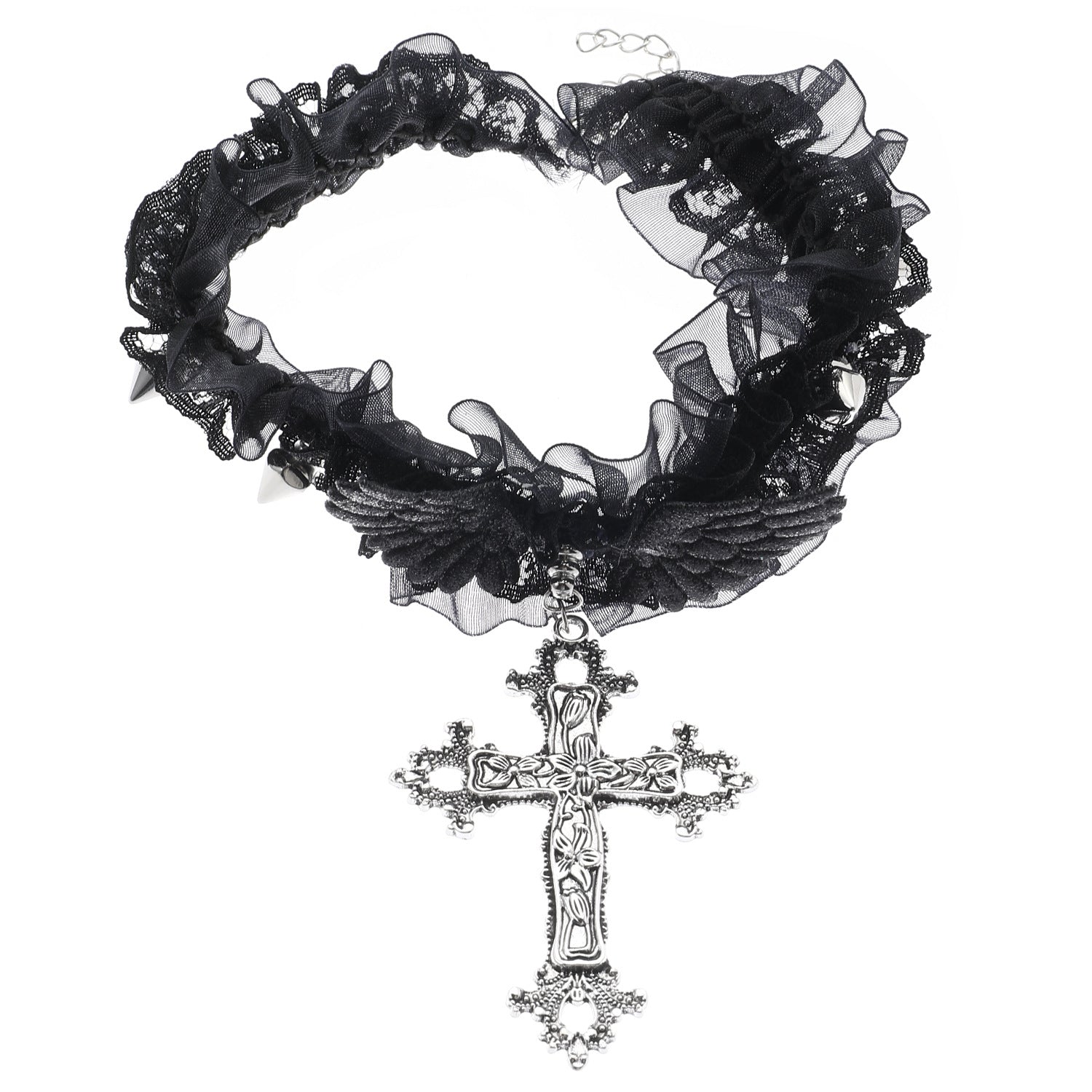Wholesale Gothic Cross Choker Necklace Ancient Silver Rivet Flower Vine Design,  Trendy Jewelry Accessory for Gift or Boutique Resale