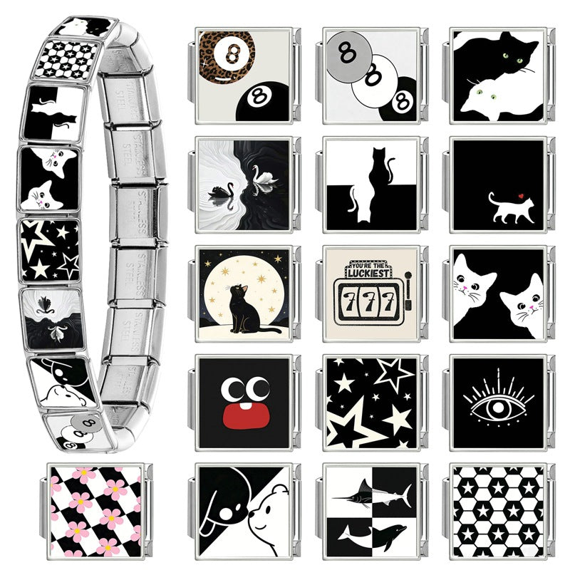 Wholesale Italian-Style Black and White Cat &  Star Patchwork Bracelet Stainless Steel DIY Jewelry Accessory