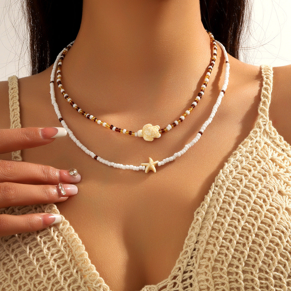 Wholesale bohemian necklace vacation starfish natural shell beaded clavicle chain necklace