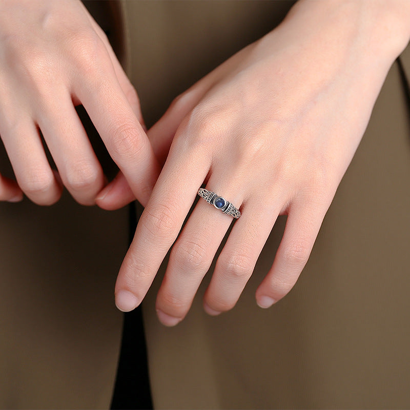 Wholesale s925 Sterling Silver Grass Pattern Dark Blue Zircon Retro Rings