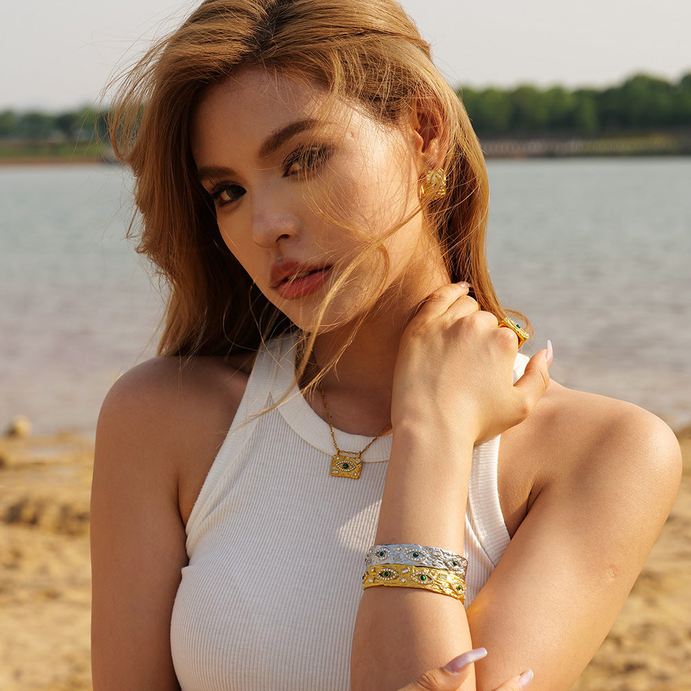 Wholesale 18K Gold Inlaid Zircon Green Malachite Lava Square Devil Eye Ring Stainless Steel Gold Plated Rings ACC-RS-JieDing004