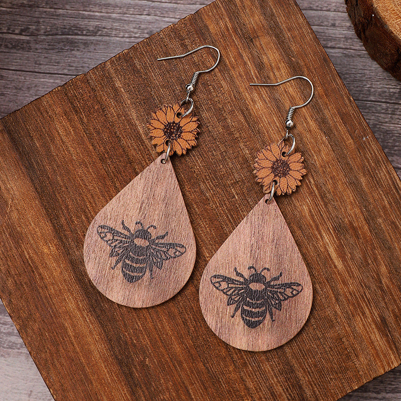 Wholesale Sunflower Bee Pattern Wood Drop Earrings