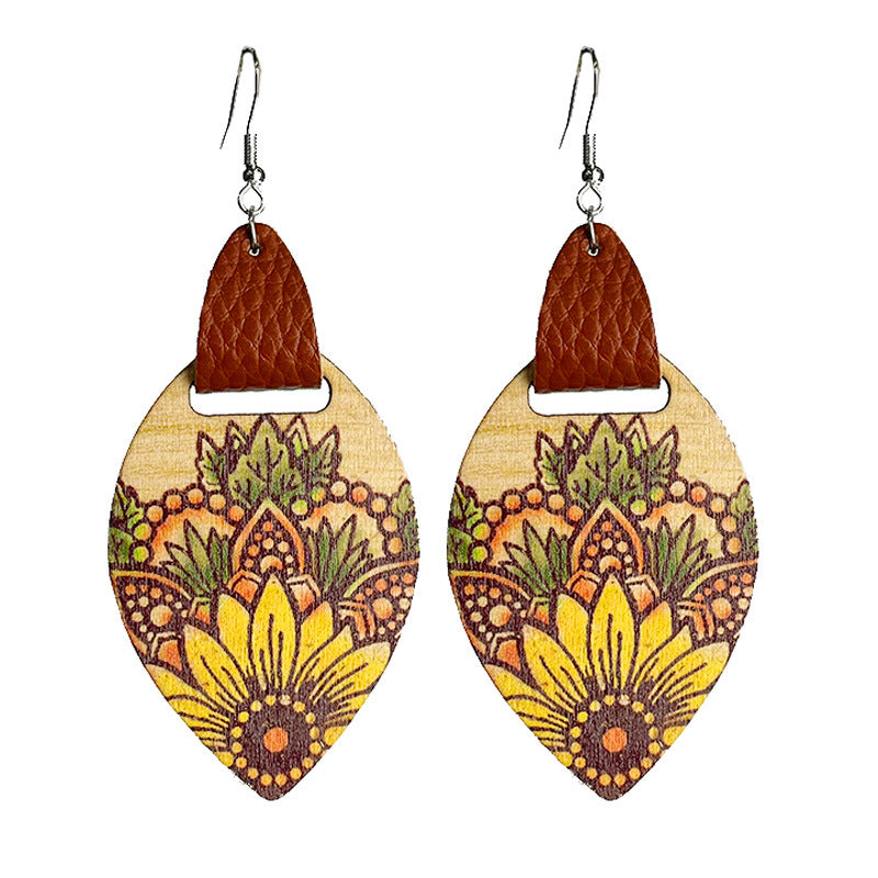 Wholesale 2 Pairs/pack Vintage Genuine Leather Bohemian Ethnic Style Sunflower Wooden Earrings ACC-ES-HY059