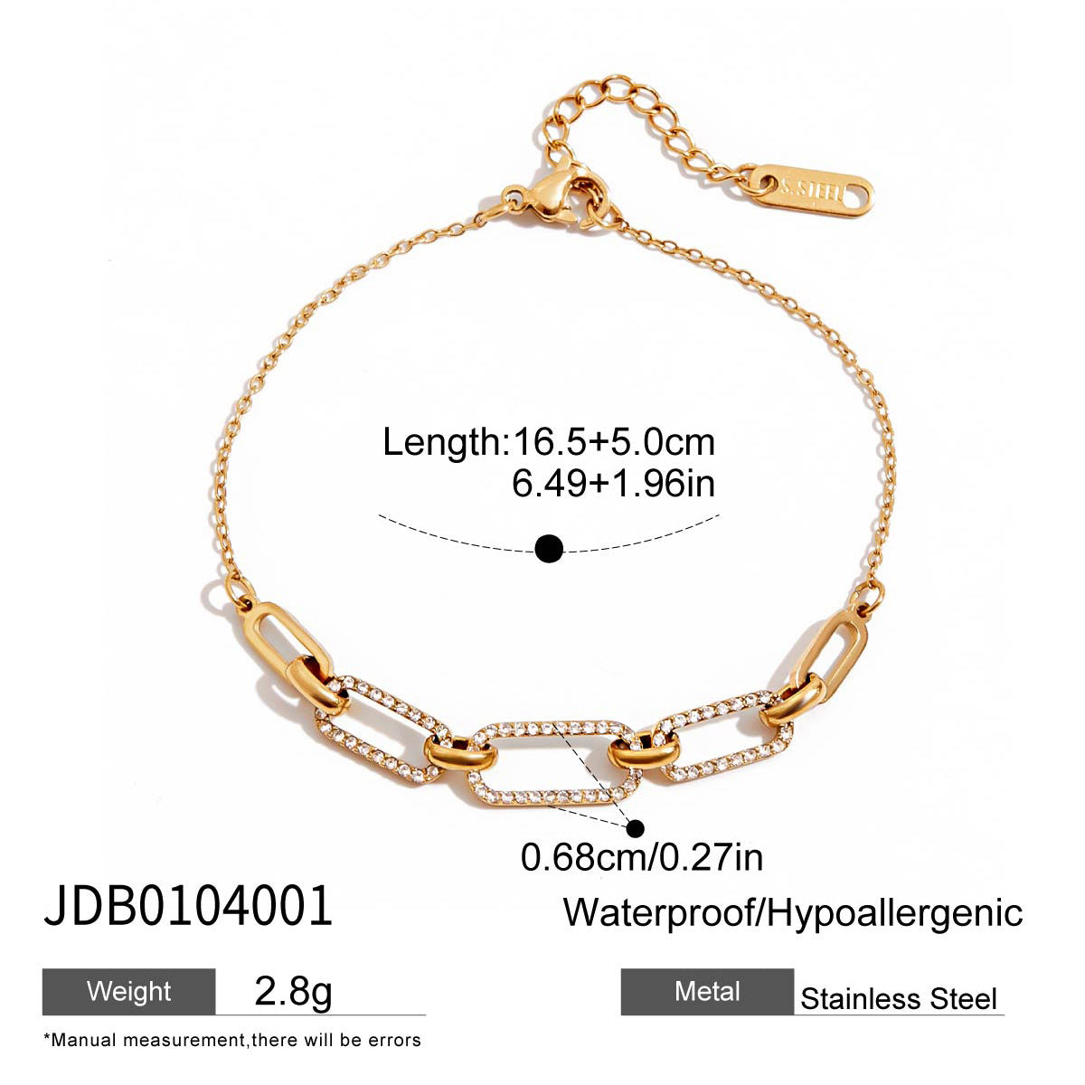 Wholesale 18K Gold Stainless Steel Oval Tennis Chain Bracelet with White Diamonds