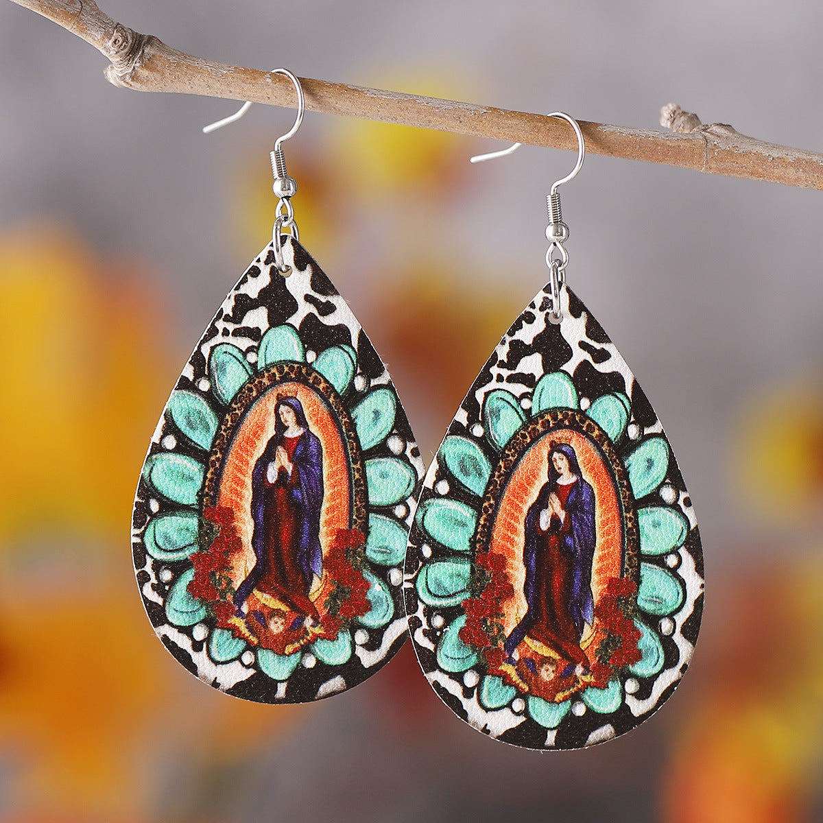 Wholesale  turquoise cow pattern cross water drop PU double-sided  earrings