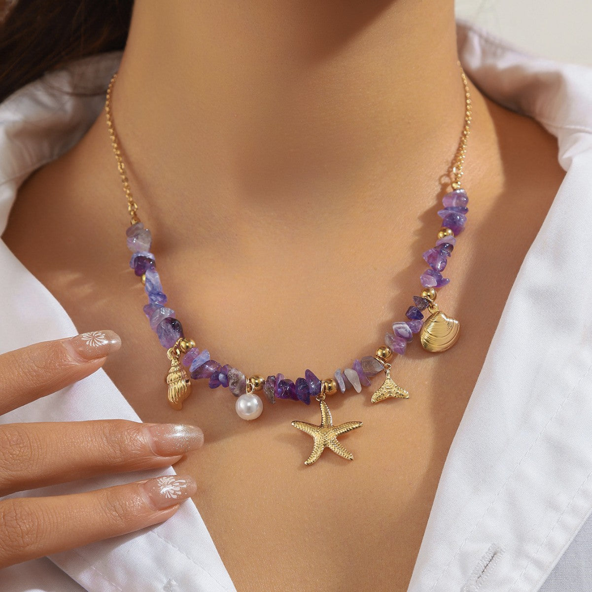 Wholesale stone gravel bead necklace starfish shell pendant necklace
