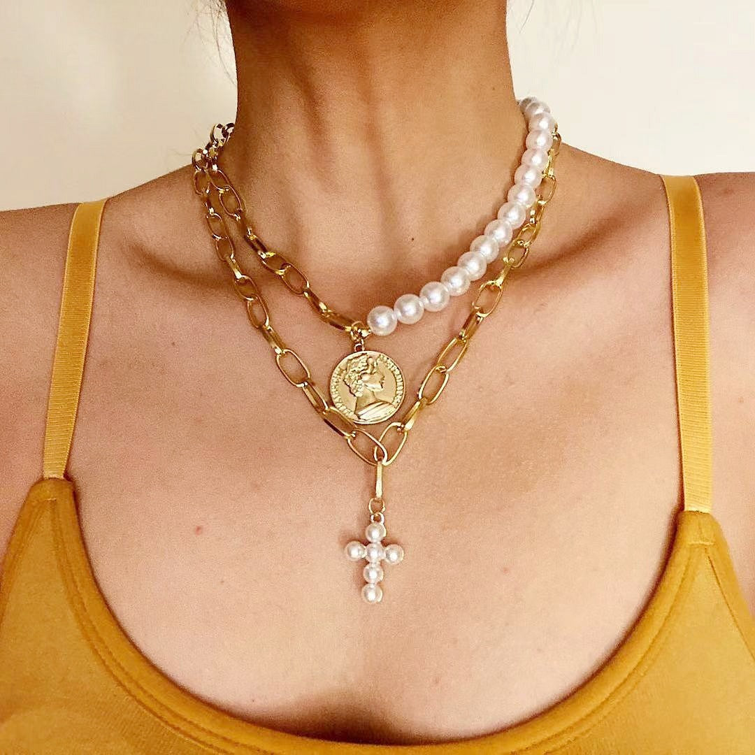 Wholesale Hot-Selling Fashion Pearl Cross Clavicle Pendant Double-Layer Chain Niche Design Women' s Necklace