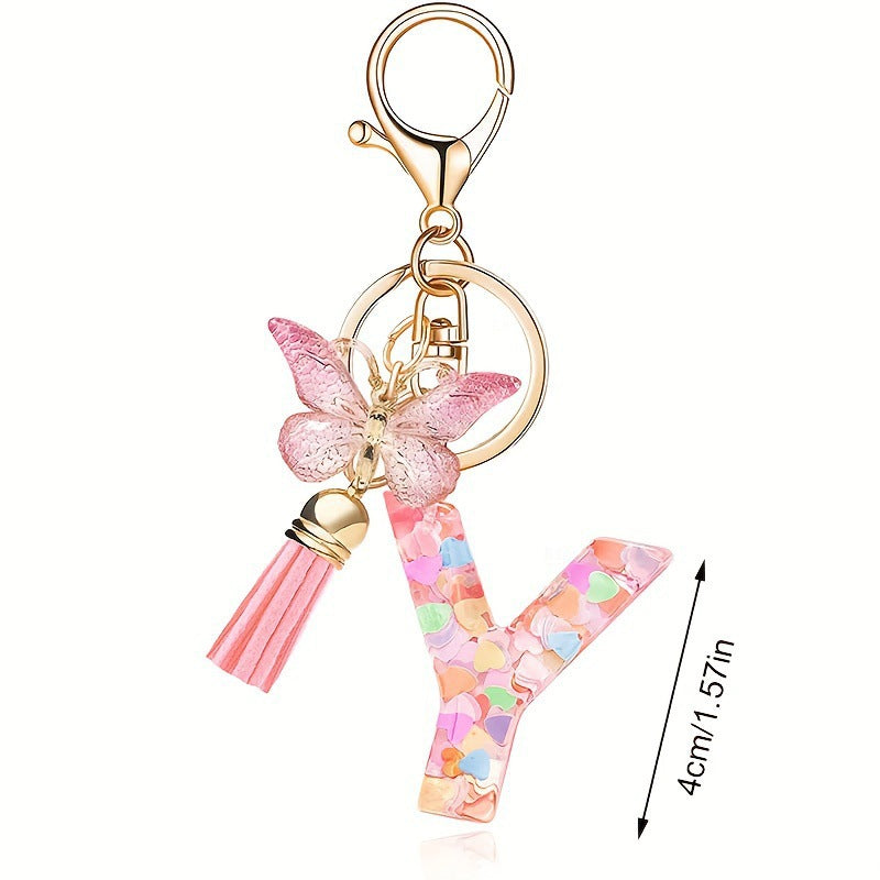 Wholesale Pink letter butterfly tassel keychain