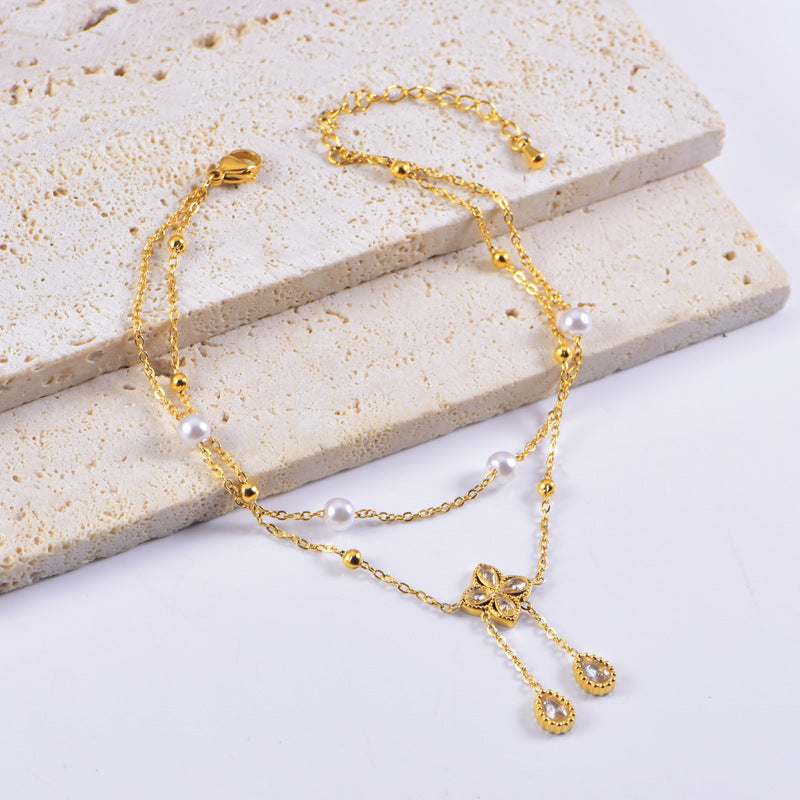 Wholesale  titanium steel  does not fade diamond flower tassel pearl double-layer stacked anklet