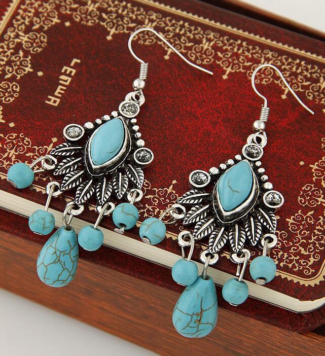 Wholesale  personality turquoise branches and leaves tassel earrings