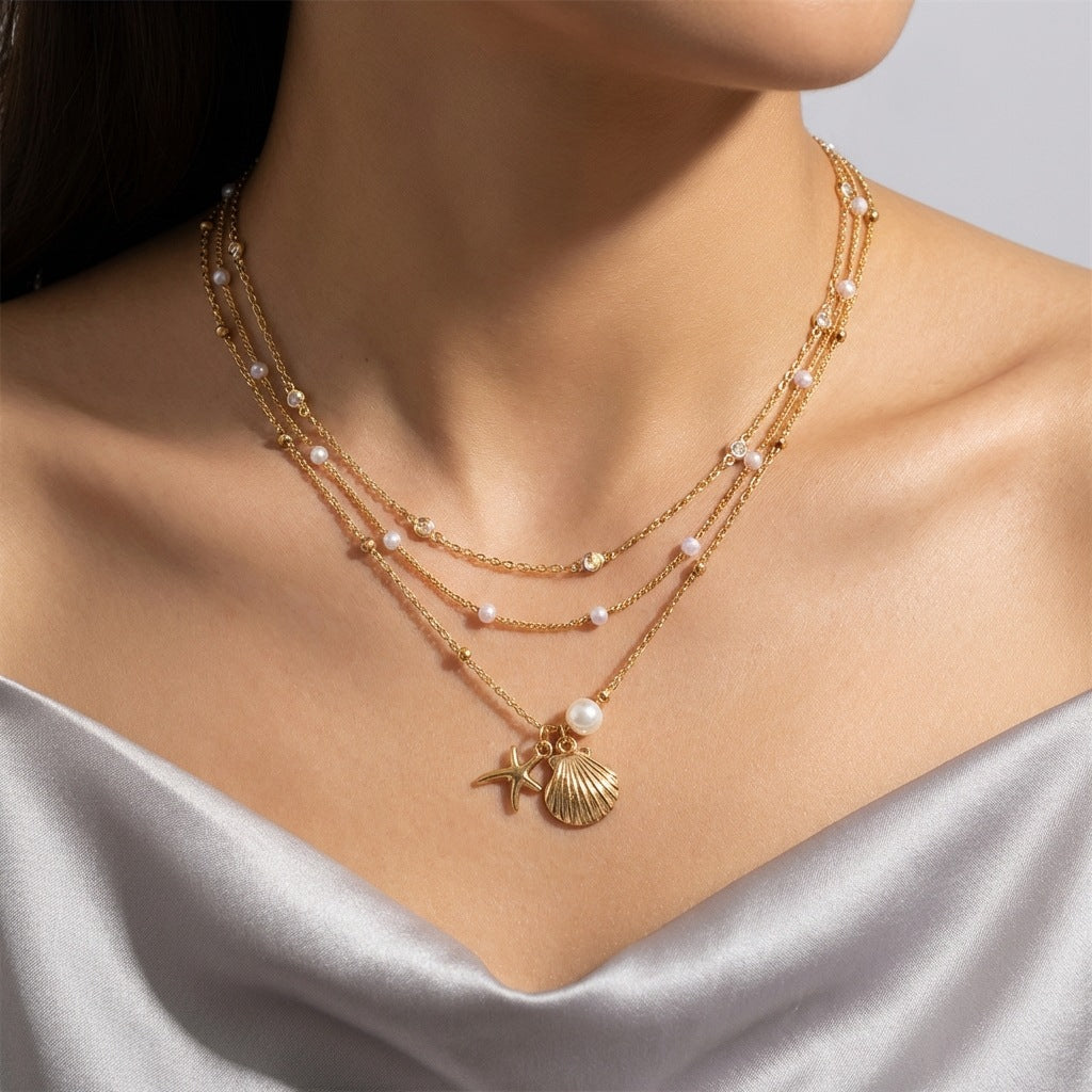 Wholesale Ocean Beach Style Double Layer Shell Starfish Choker Necklace Fashion Layering Jewelry For Party Gift Boutique