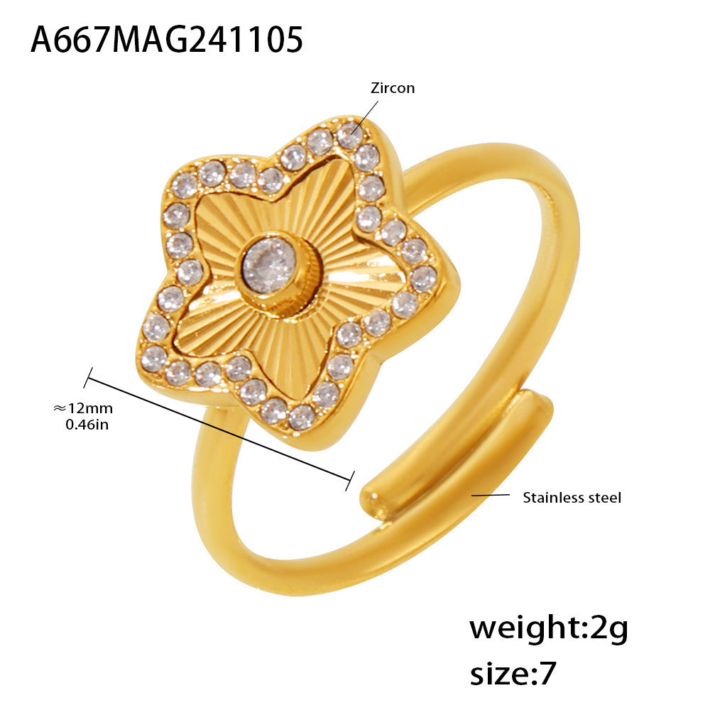Wholesale Stainless steel micro-inlaid zircon love five-leaf flower ring