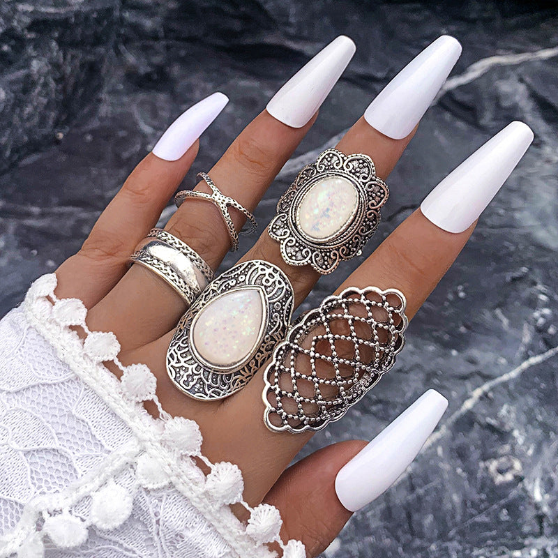 Wholesale Retro Turquoise Cross Hollow Ring Set - 5 Pcs Fashion Accessory for Unisex Gift Boutique Resale