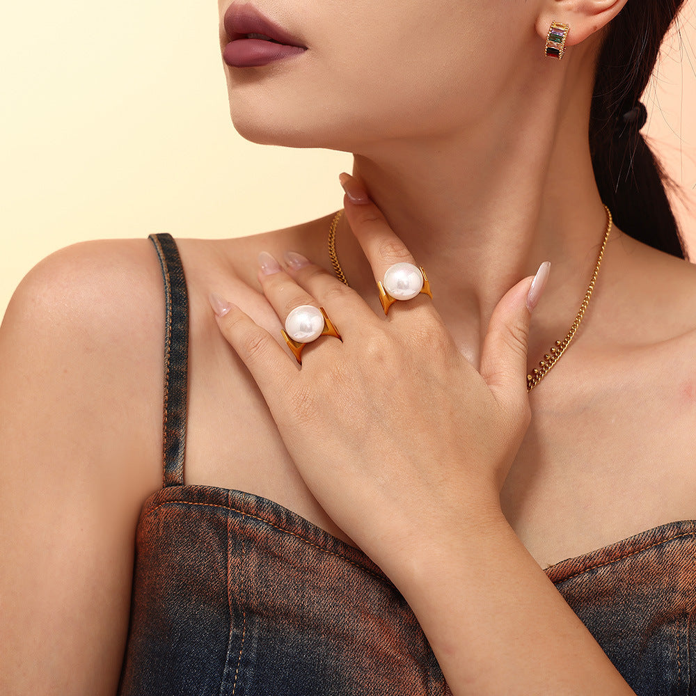 Wholesale Titanium Steel luxury exaggerated large shell bead ring