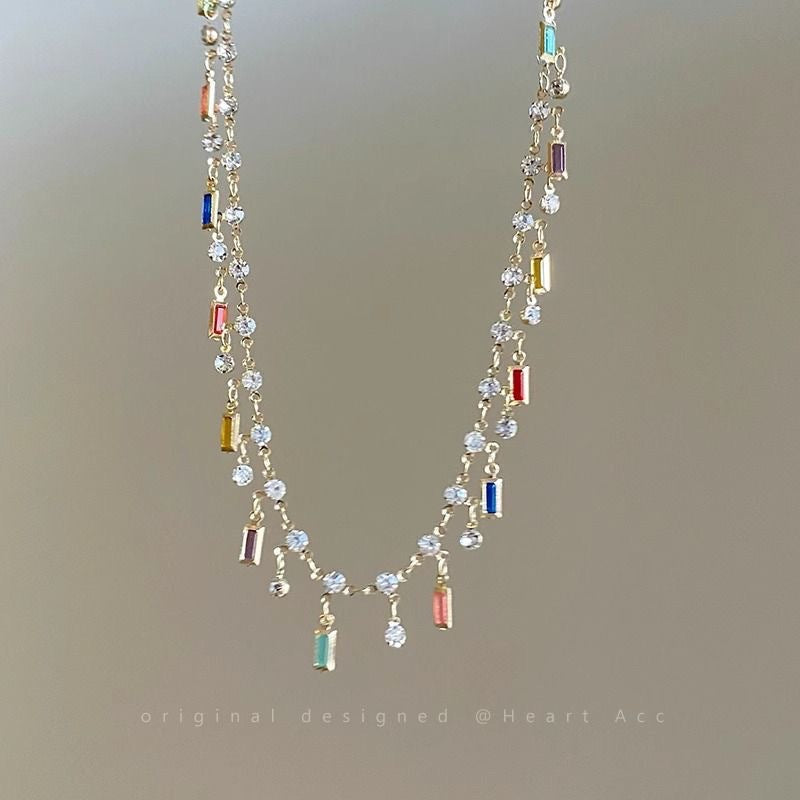 Wholesale Colorful Zircon Saturn Necklace for Women,  Dopamine Stacking Collarbone Chain,  High-End Neck Chain for Summer