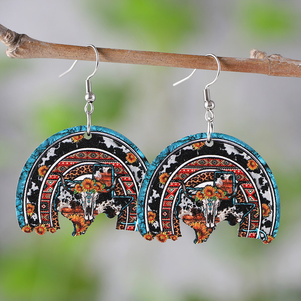 Wholesale Western Style Sunflower Bull Head Horseshoe Pendant Wood Earrings ACC-ES-ChuLian086