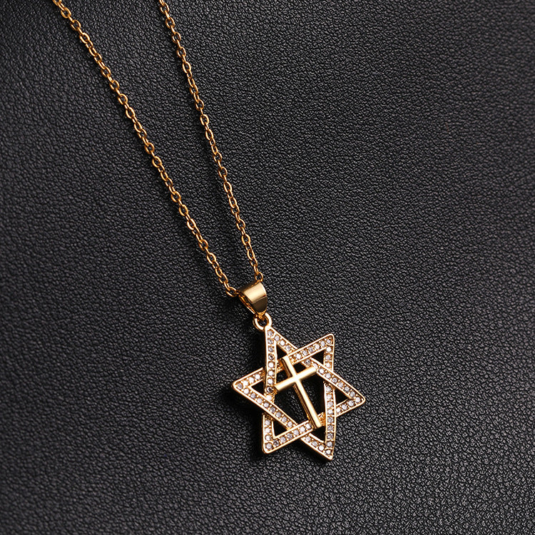 Wholesale Chic Star Cross Pendant Necklace 14K Gold Plated Micro Set Zircon Copper Jewelry Gift