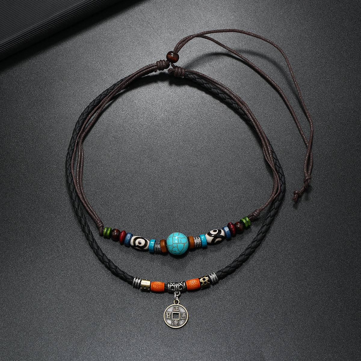 Wholesale Vintage Retro Multi Layer Turquoise Bead Woven Leather Necklace With Alloy Coin Pendant For Men Handmade Fashion Accessory