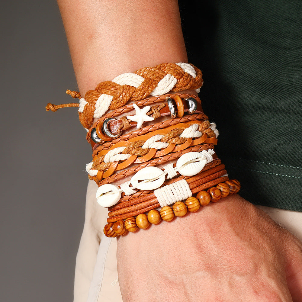 Wholesale Retro Star Design 6 Piece Multi Layer Leather Bracelet Set With Wood Beads Stylish Unisex Gift