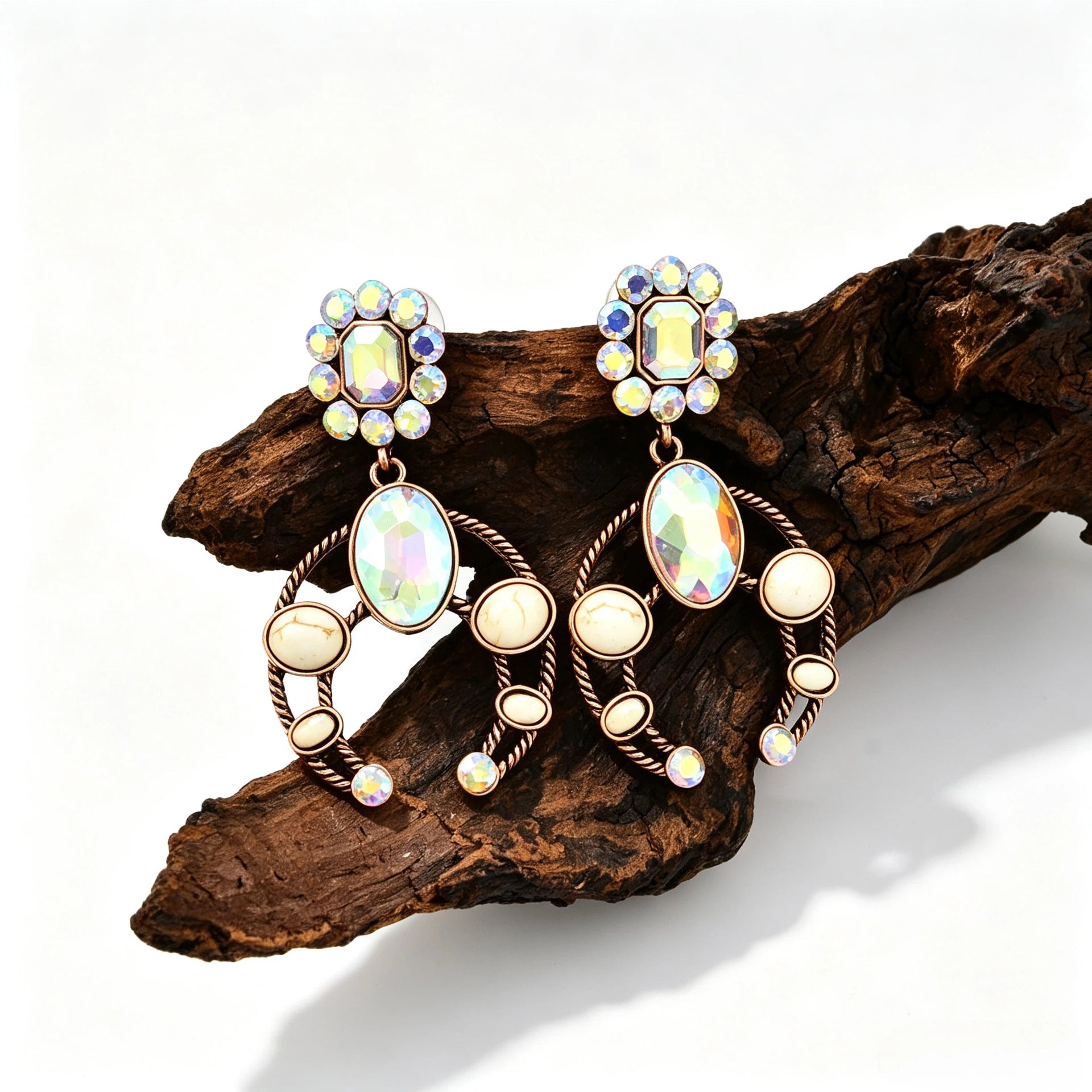 Wholesale Zinc Alloy Electroplated Crescent Blue Turquoise Stud Earrings With Rhinestones Stylish Fashion Accessory For Women