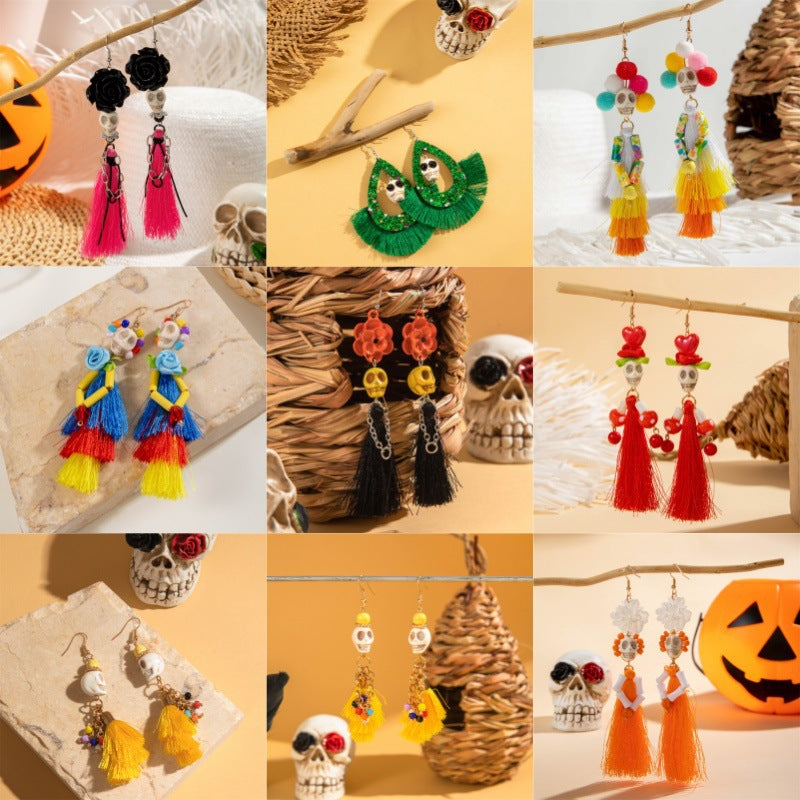 Wholesale Vintage Colorful  Skull Tassel Earrings