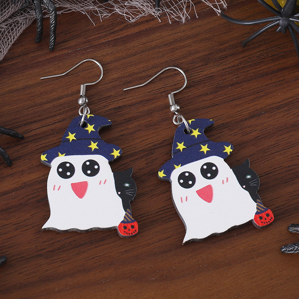 Wholesale Halloween Pumpkin Black Cat Ghost Pendant Gothic Style Wood Earrings ACC-ES-ChuLian031