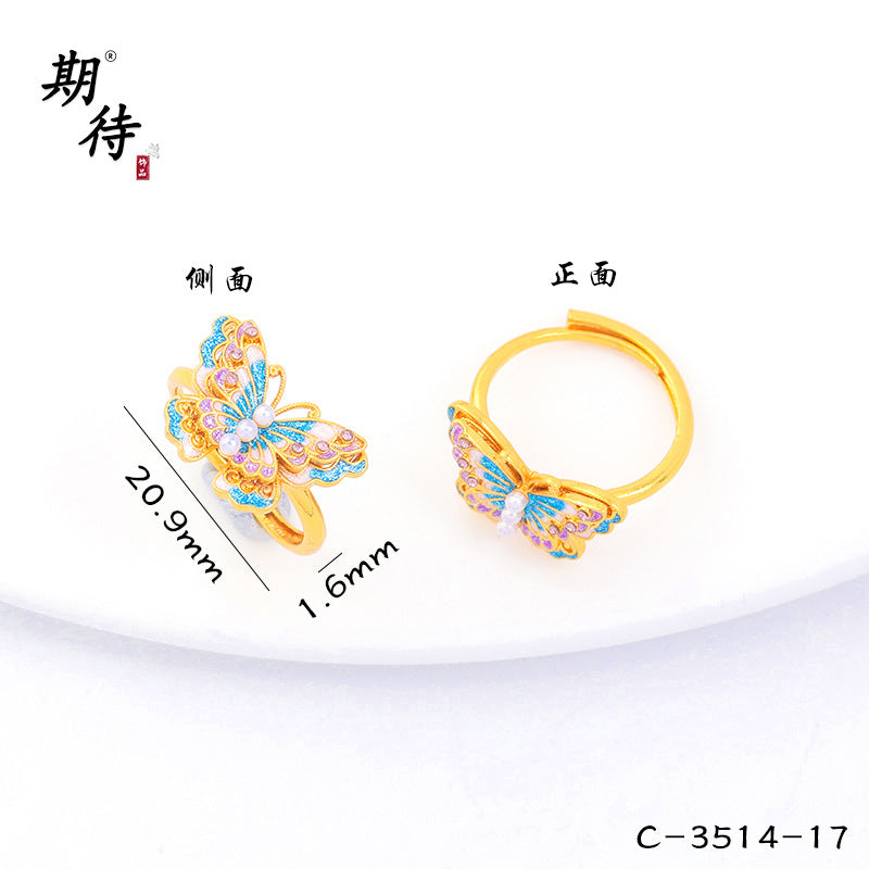 Wholesale Butterfly Ring Blue Gradient Enamel Pearl Antique Gold Finish Fashion Jewelry Accessory
