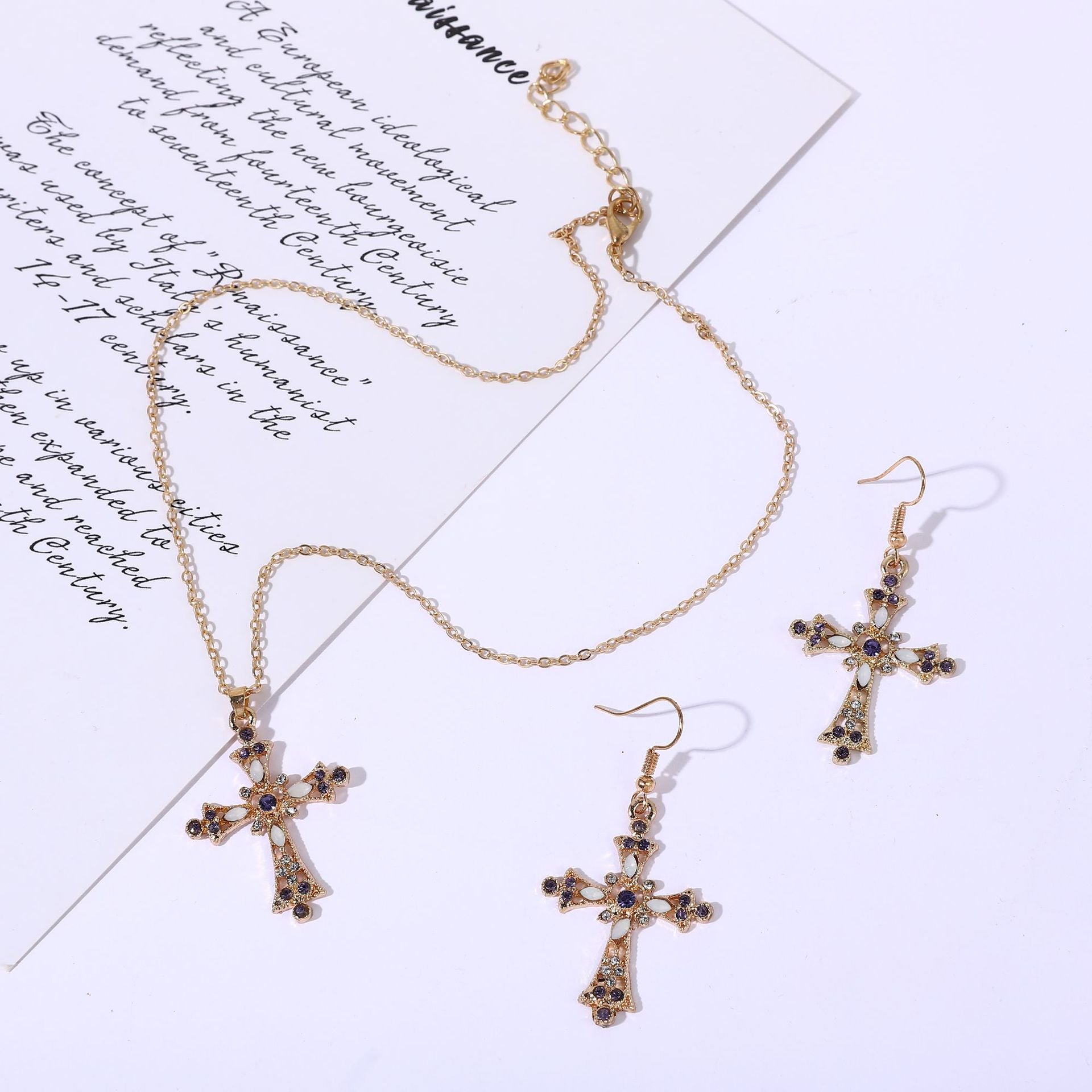 Wholesale  Bohemian Fashion Diamond Cross Earrings Necklace Set