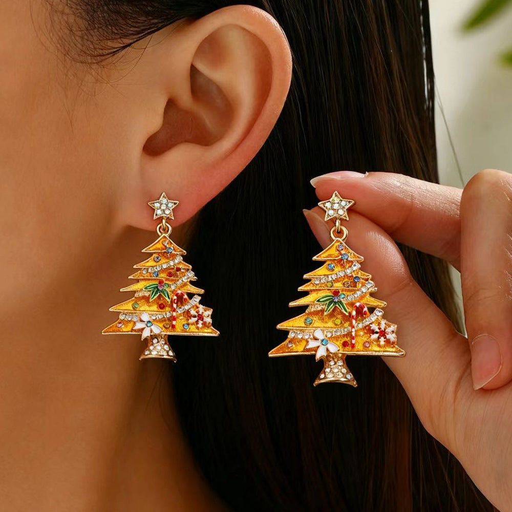 Wholesale Christmas Tree Earrings For Women Colorful Rhinestone Gold Tone Party Jewelry Gift