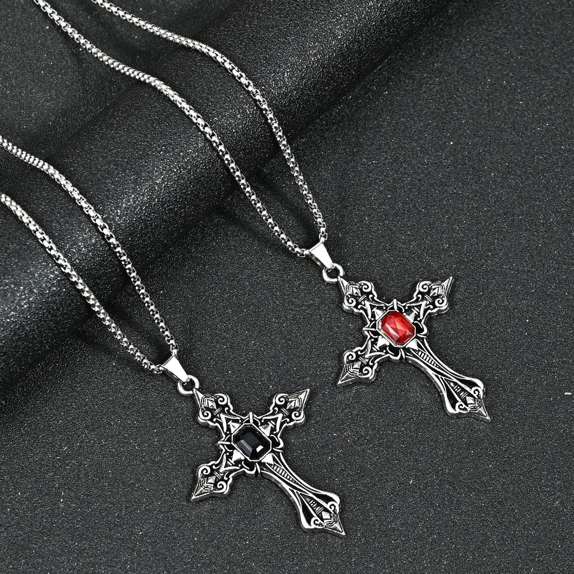 Wholesale Gothic Dark Red Gemstone Cross Black Velvet Choker Necklace Fashion Accessory