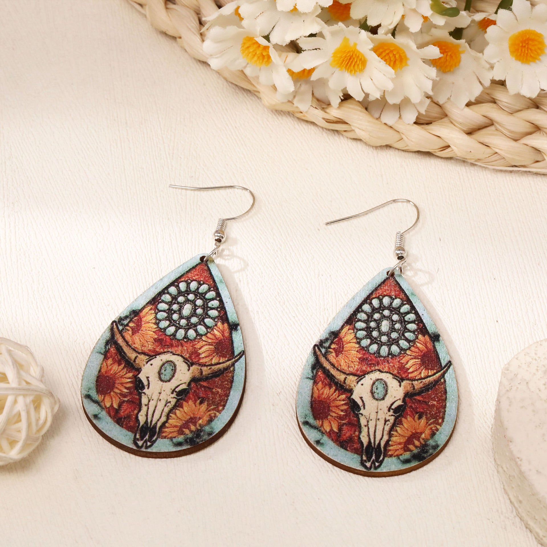 Wholesale acrylic wooden earrings  western Denim theme cow head cowboy hat earrings