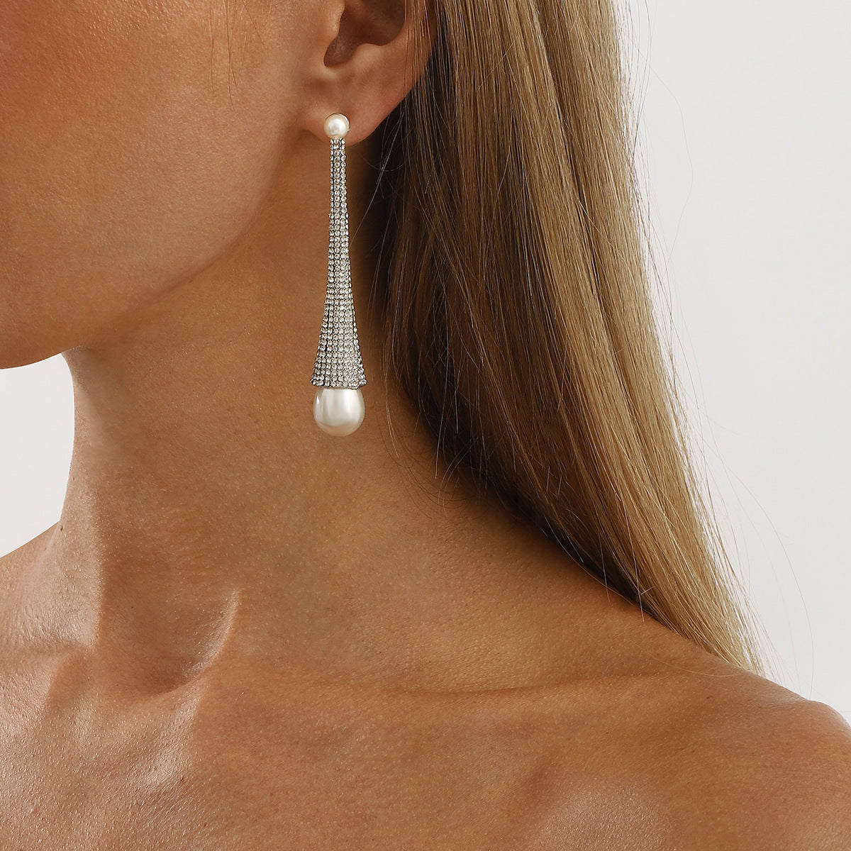 Wholesale niche temperament imitation pearl earrings diamond long earrings