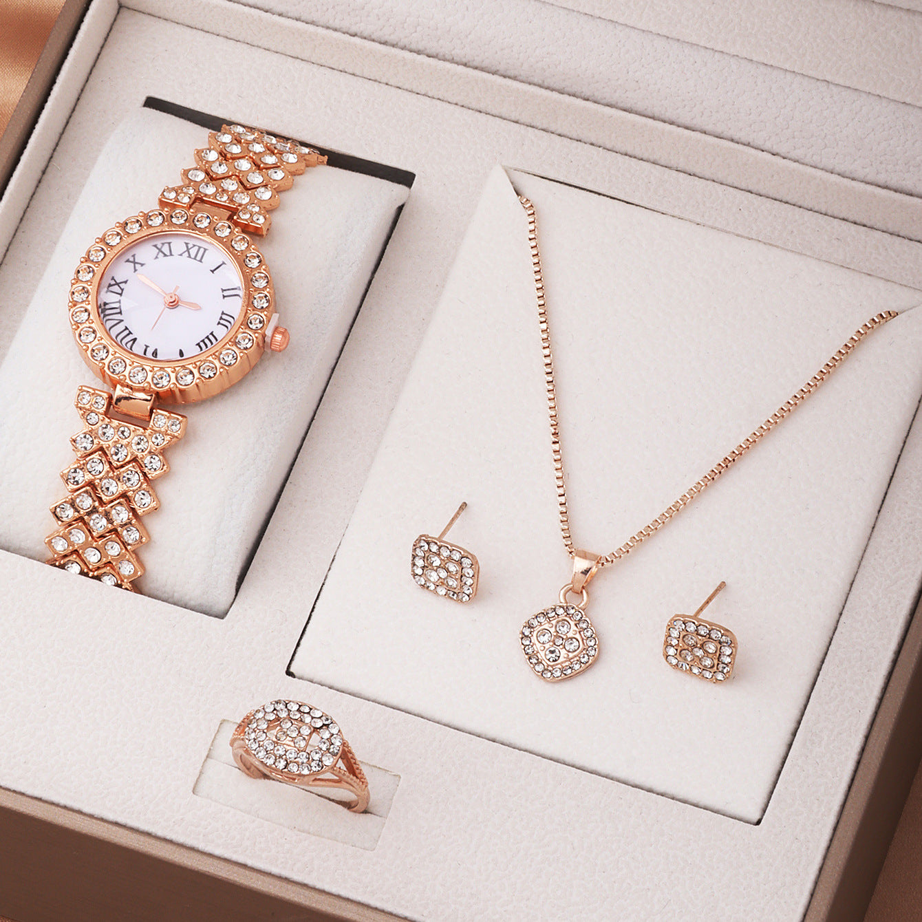 Wholesale diamond-studded geometric square necklace, ring, and earrings 3-piece set