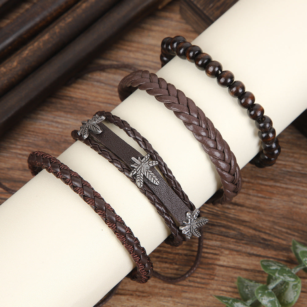 Wholesale Stylish Retro Maple Leaf Leather Bracelet With Woven Wood Beads Adjustable Unisex Hip Hop Jewelry Accessory
