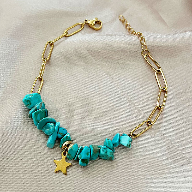 Wholesale natural stone gravel five-pointed star  stainless steel bracelet