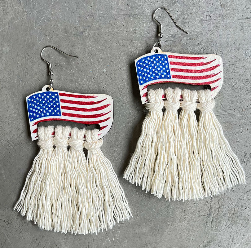Wholesale 2 Pairs/pack American Independence Day Wooden Flag Hat Hand Woven Tassel Earrings ACC-ES-HY056